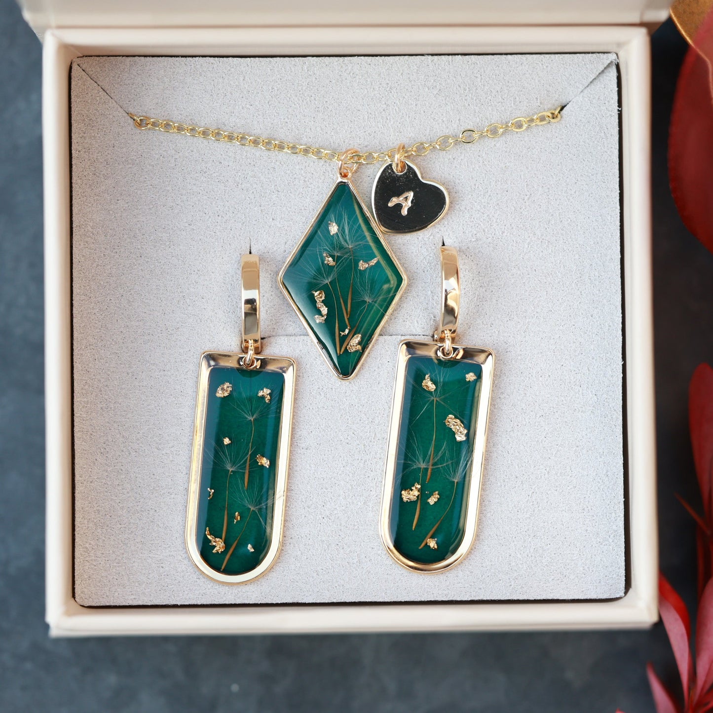 Dark Green Dandelion Seed Jewelry Set - Earrings & Personalized necklace