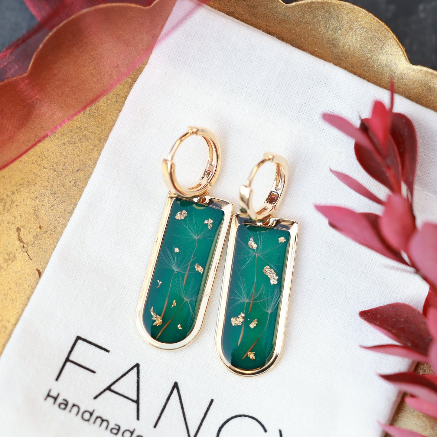 Dark Green Dandelion Seed Earrings - Handmade Resin Nature Jewelry