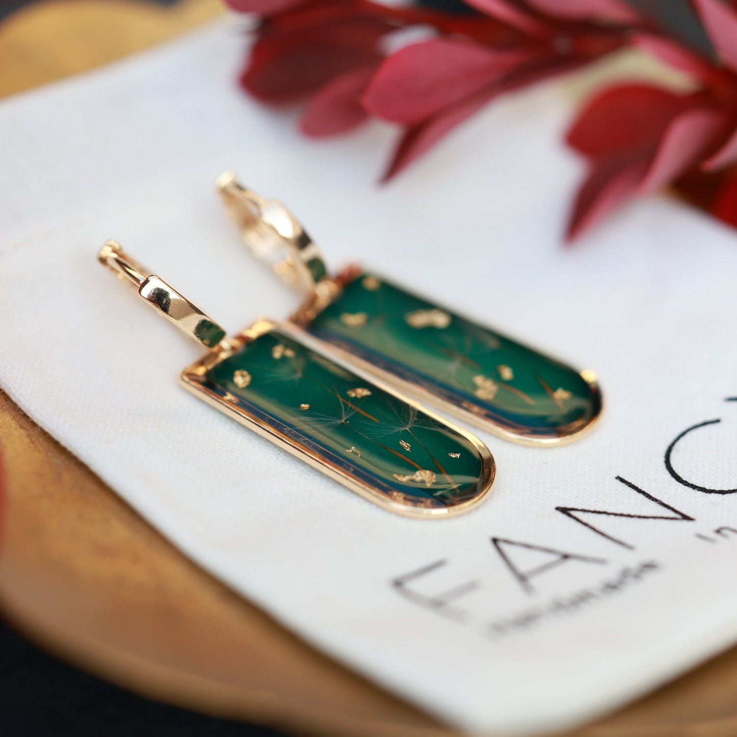 Dark Green Dandelion Seed Earrings - Handmade Resin Nature Jewelry