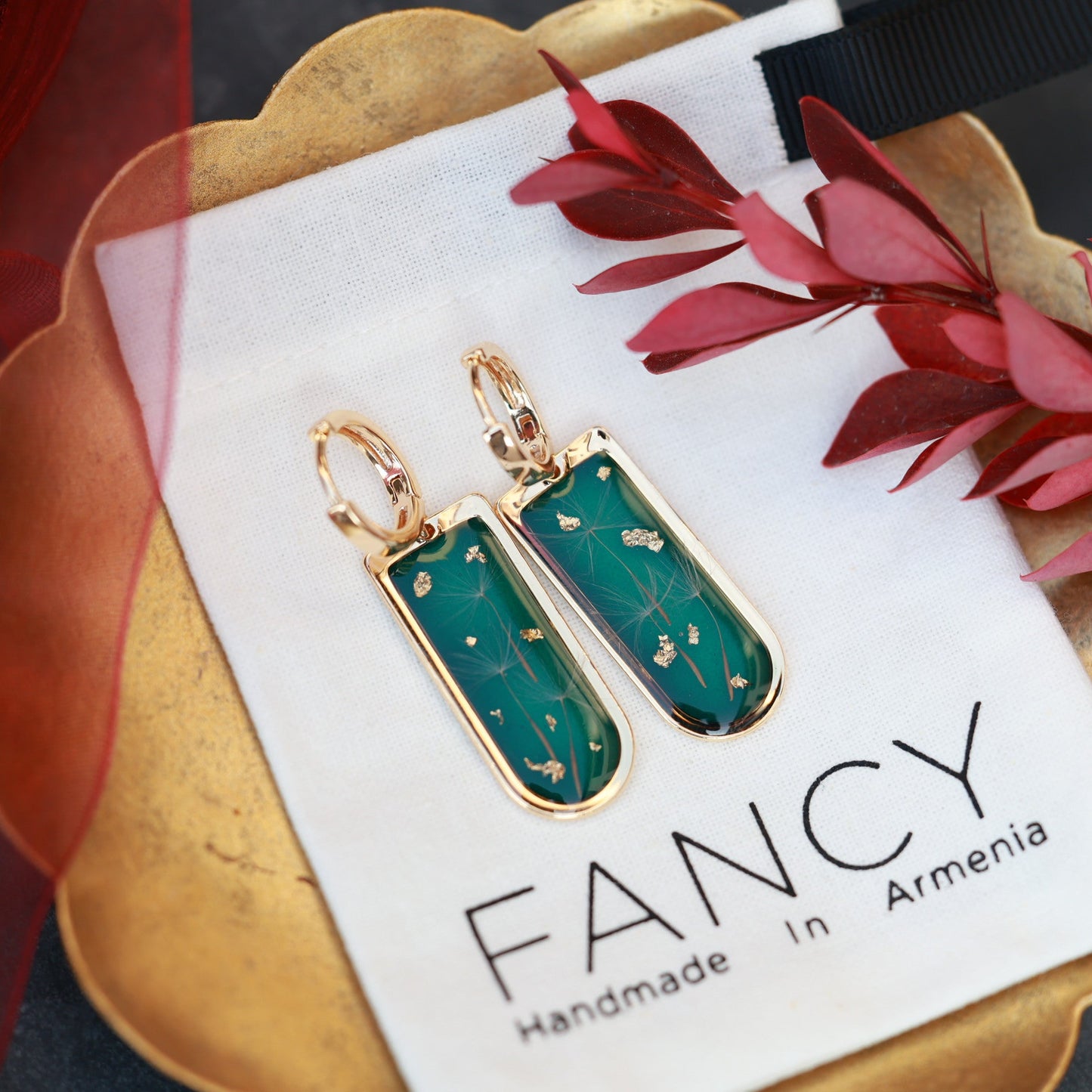 Dark Green Dandelion Seed Earrings - Handmade Resin Nature Jewelry