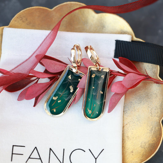 Dark Green Dandelion Seed Earrings - Handmade Resin Nature Jewelry