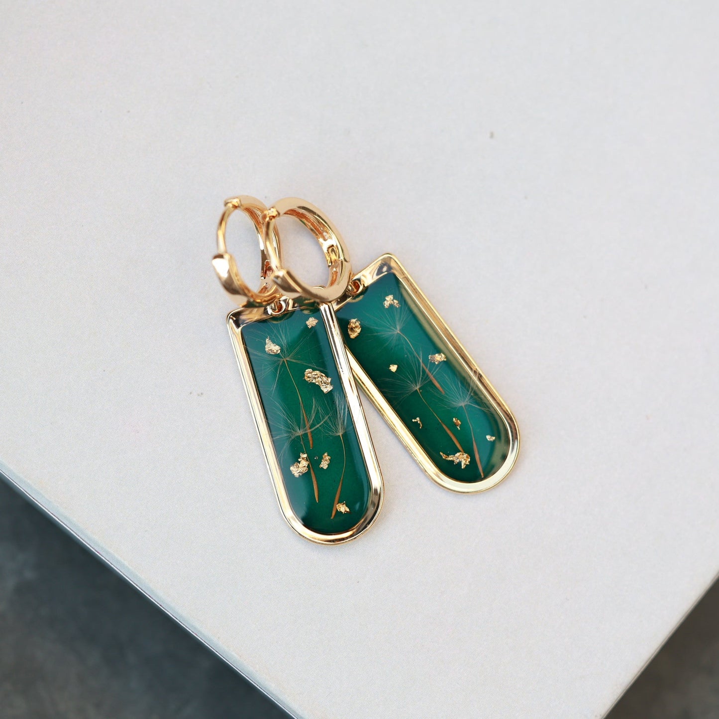 Dark Green Dandelion Seed Earrings - Handmade Resin Nature Jewelry