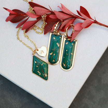 Dark Green Dandelion Seed Jewelry Set - Earrings & Personalized necklace