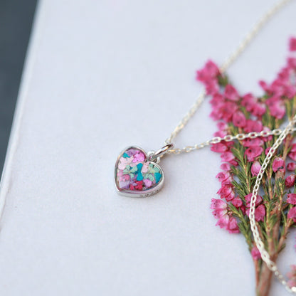 Sterling Silver Heart Necklace - Handmade Real tiny Flowers, Colorful Minimalist Pendant