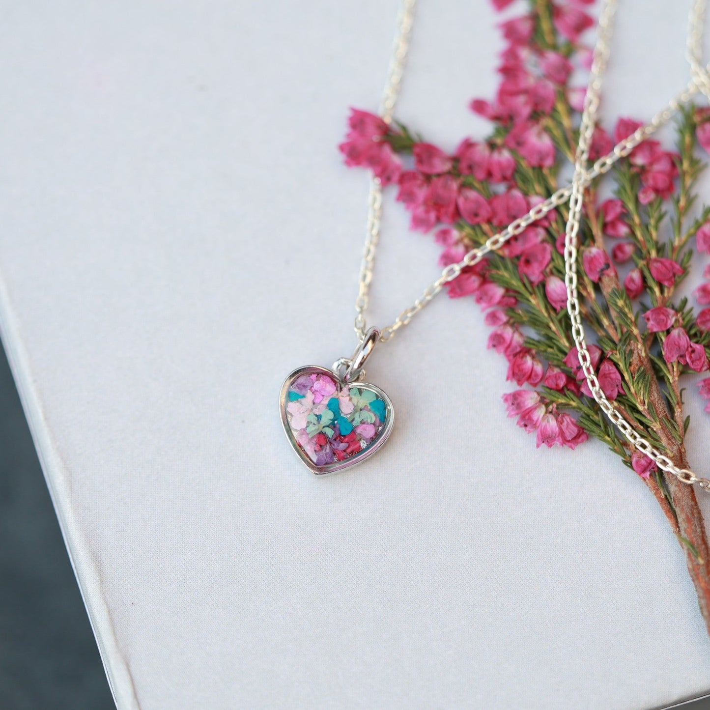 Sterling Silver Heart Necklace - Handmade Real tiny Flowers, Colorful Minimalist Pendant