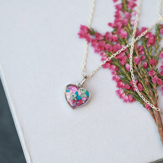 Sterling Silver Heart Necklace - Handmade Real tiny Flowers, Colorful Minimalist Pendant