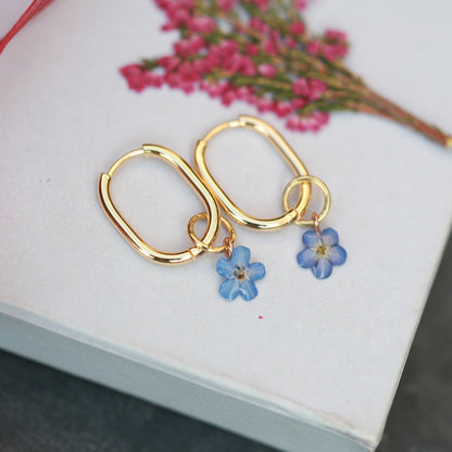 Pressed flower hoop earrings with removable forget me not charm