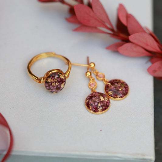 Handmade Dark Pink Spirea Flowers Jewelry Set from Gold-Plated Sterling Silver
