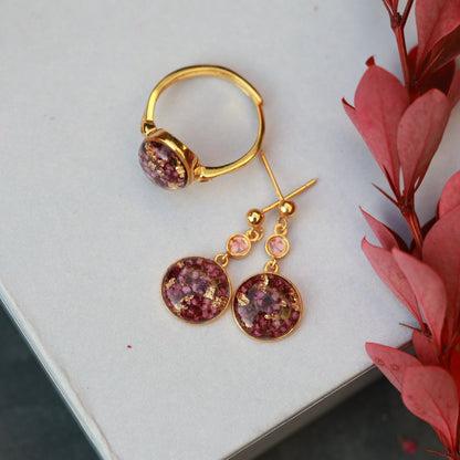 Handmade Dark Pink Spirea Flowers Jewelry Set from Gold-Plated Sterling Silver