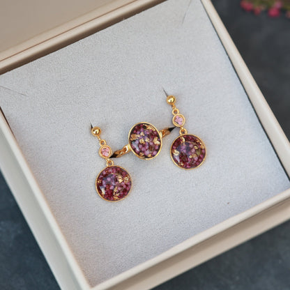 Handmade Dark Pink Spirea Flowers Jewelry Set from Gold-Plated Sterling Silver