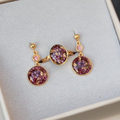 Handmade Dark Pink Spirea Flowers Jewelry Set from Gold-Plated Sterling Silver