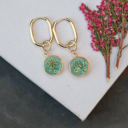 Turquoise Hoop earrings with Removable real flower charm