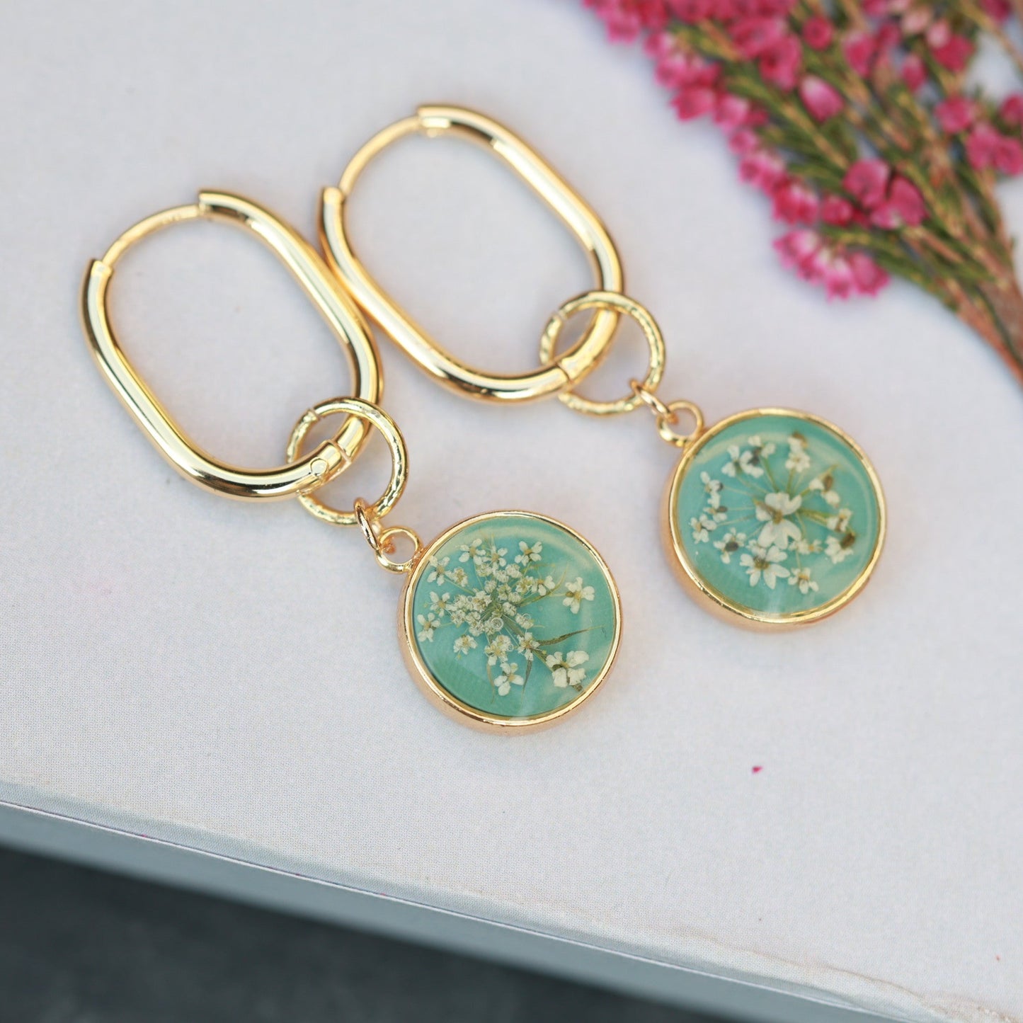 Turquoise Hoop earrings with Removable real flower charm