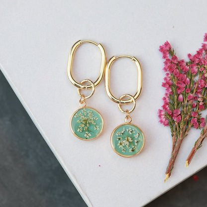 Turquoise Hoop earrings with Removable real flower charm