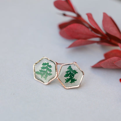 Dainty Hexagon Earrings - Handmade Real Pressed Green Leaves in Resin, Minimalist Studs