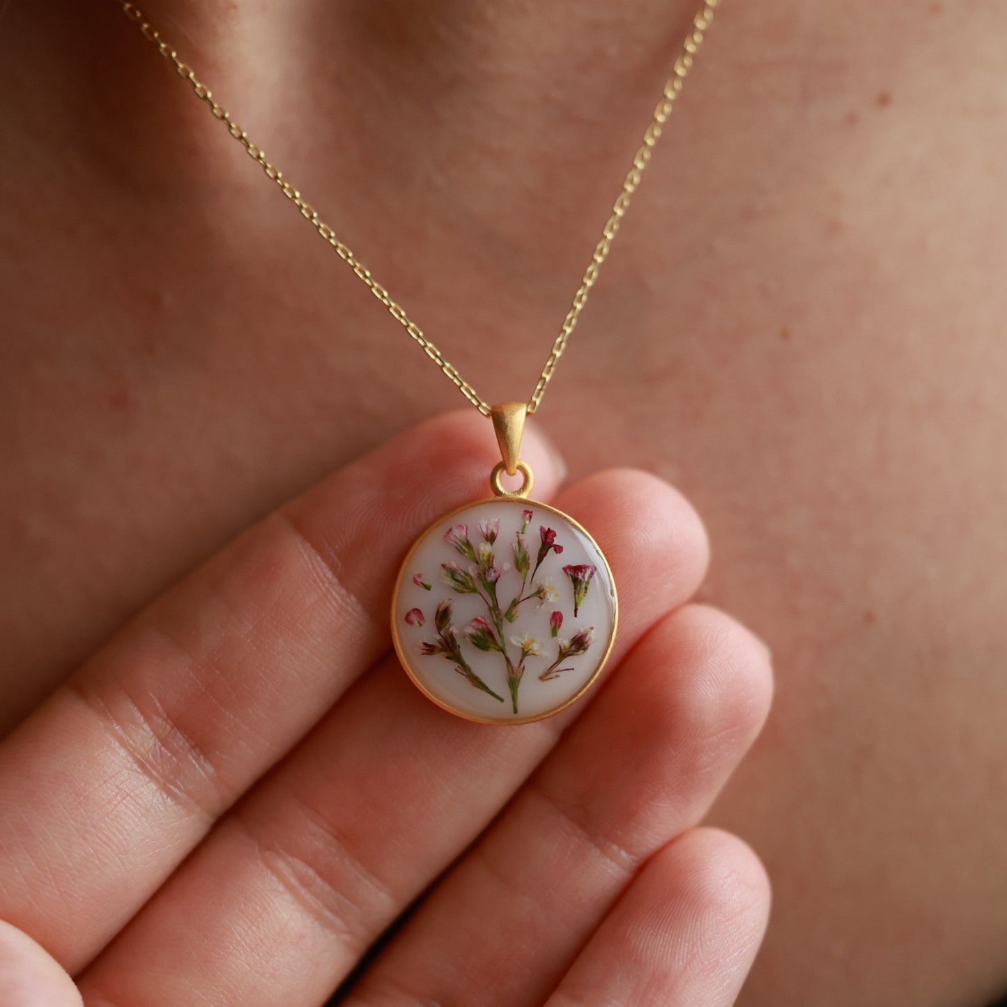 Dainty handmade necklace with Real Wildflowers, Sterling Silver