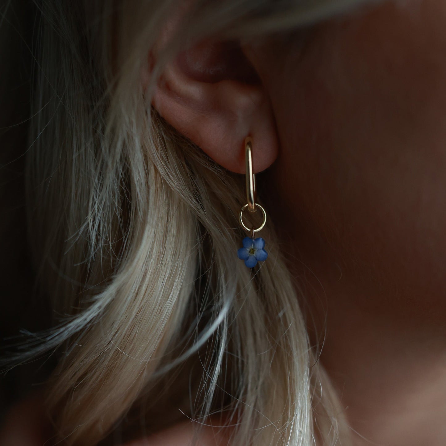 Pressed flower hoop earrings with removable forget me not charm