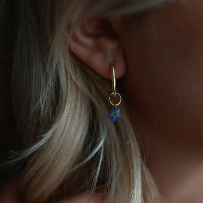 Pressed flower hoop earrings with removable forget me not charm