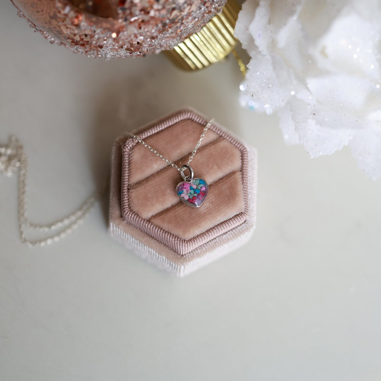 Sterling Silver Heart Necklace - Handmade Real tiny Flowers, Colorful Minimalist Pendant