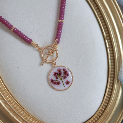 Handmade Spirea Flower Necklace with Violet beads - Delicate & Unique Nature Jewelry