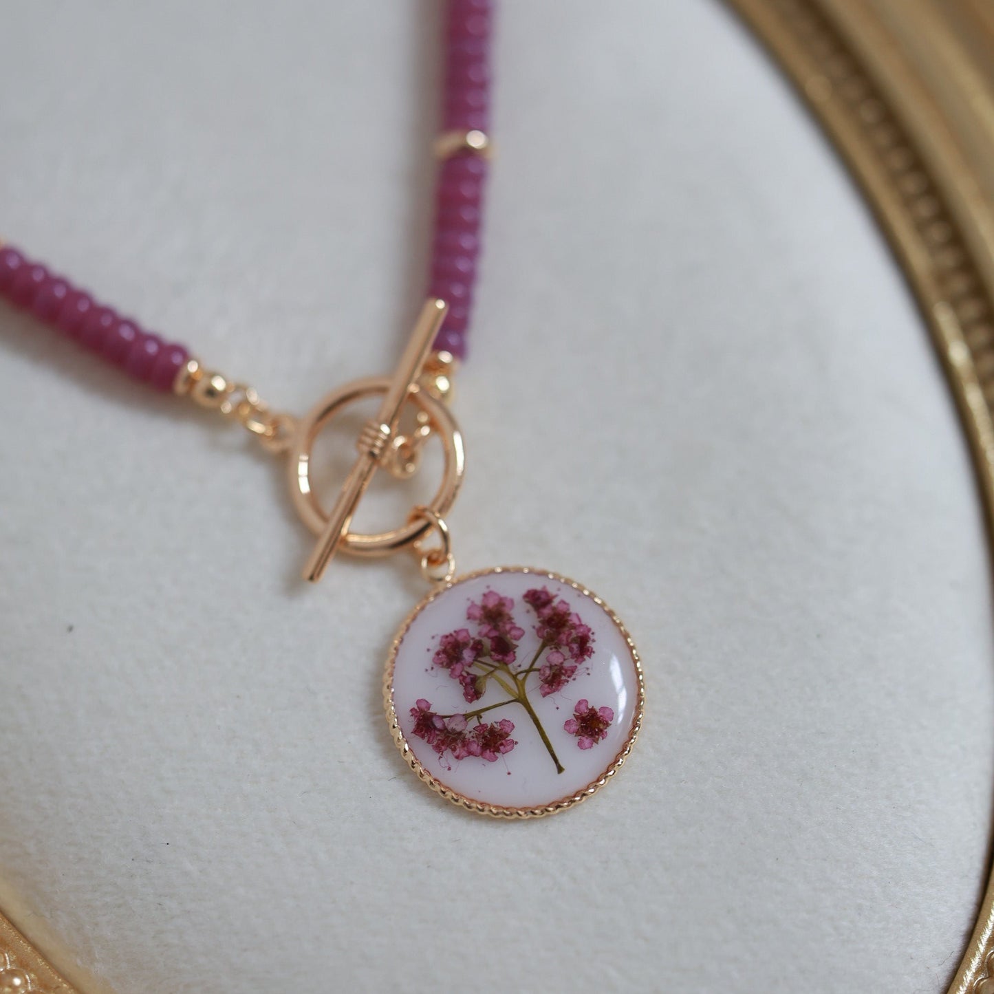 Handmade Spirea Flower Necklace with Violet beads - Delicate & Unique Nature Jewelry