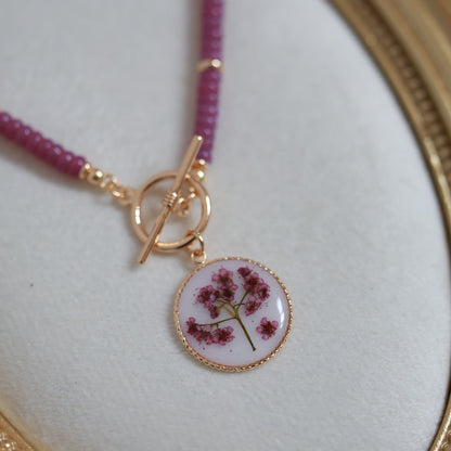 Handmade Spirea Flower Necklace with Violet beads - Delicate & Unique Nature Jewelry