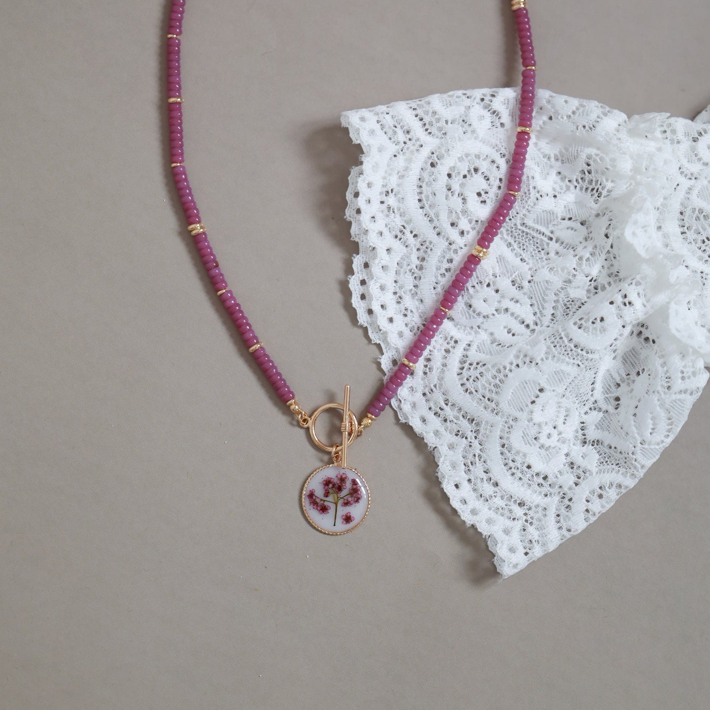 Handmade Spirea Flower Necklace with Violet beads - Delicate & Unique Nature Jewelry