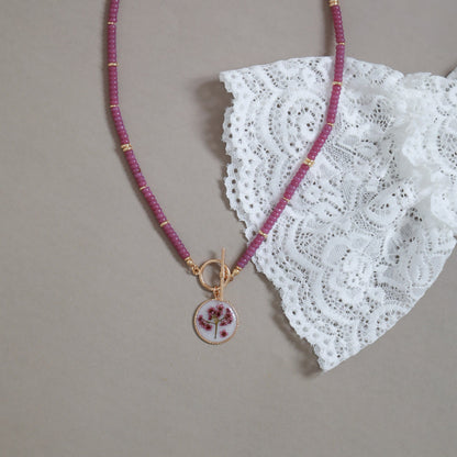 Handmade Spirea Flower Necklace with Violet beads - Delicate & Unique Nature Jewelry