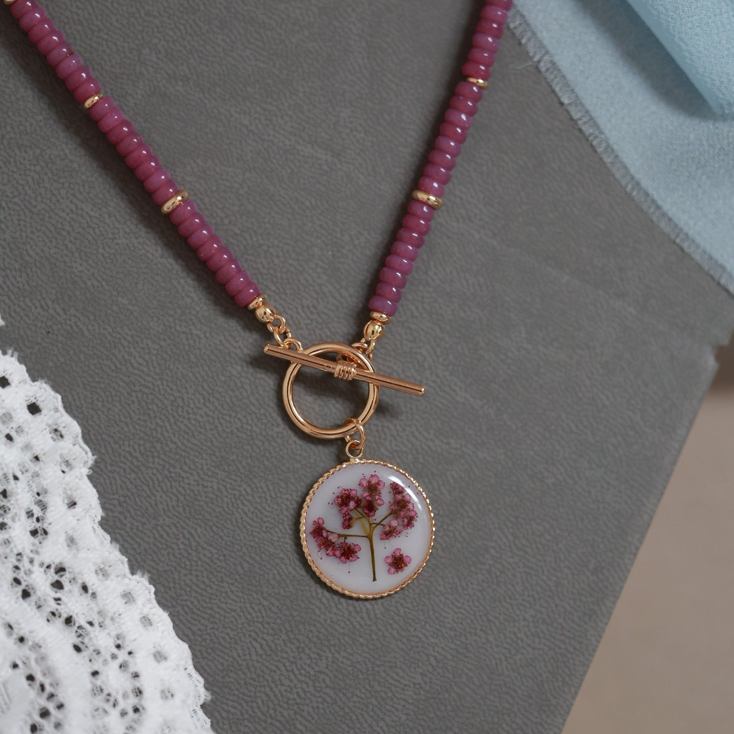 Handmade Spirea Flower Necklace with Violet beads - Delicate & Unique Nature Jewelry