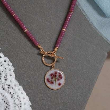 Handmade Spirea Flower Necklace with Violet beads - Delicate & Unique Nature Jewelry