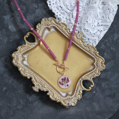 Handmade Spirea Flower Necklace with Violet beads - Delicate & Unique Nature Jewelry