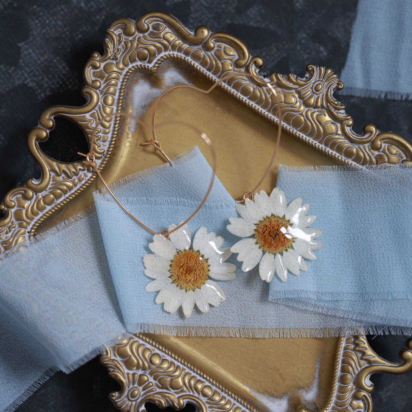Big Heart Earrings with Real Daisy Flower - Handmade Romantic Botanical Earrings