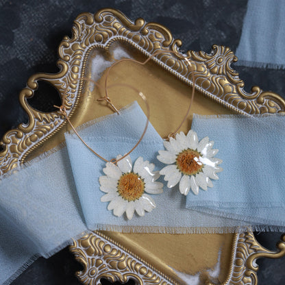 Big Heart Earrings with Real Daisy Flower - Handmade Romantic Botanical Earrings