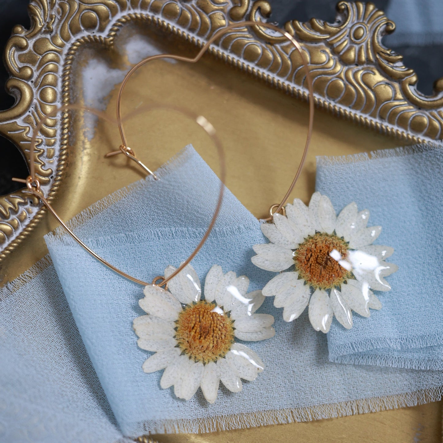 Big Heart Earrings with Real Daisy Flower - Handmade Romantic Botanical Earrings