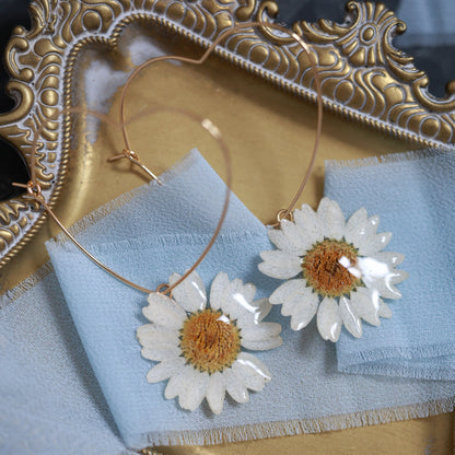 Big Heart Earrings with Real Daisy Flower - Handmade Romantic Botanical Earrings