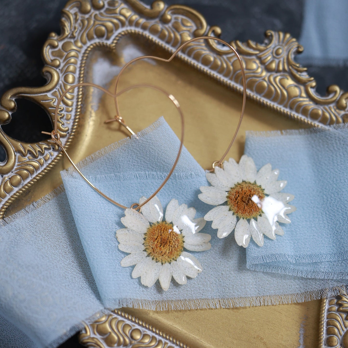 Big Heart Earrings with Real Daisy Flower - Handmade Romantic Botanical Earrings