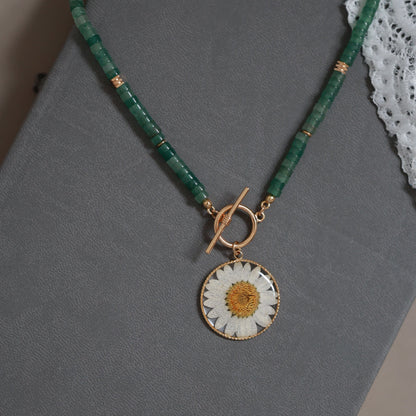 Pressed Daisy Flower Necklace with real Green Aventurine - Handmade Natural Stone & Botanical Jewelry