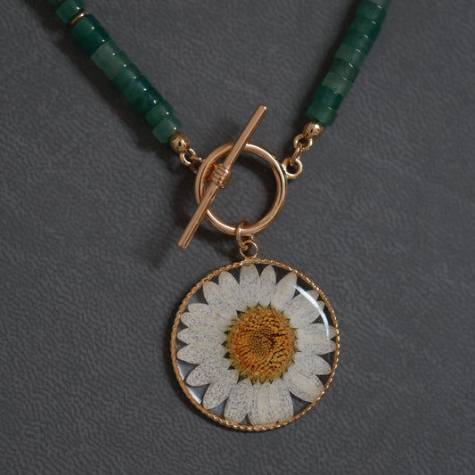 Pressed Daisy Flower Necklace with real Green Aventurine - Handmade Natural Stone & Botanical Jewelry