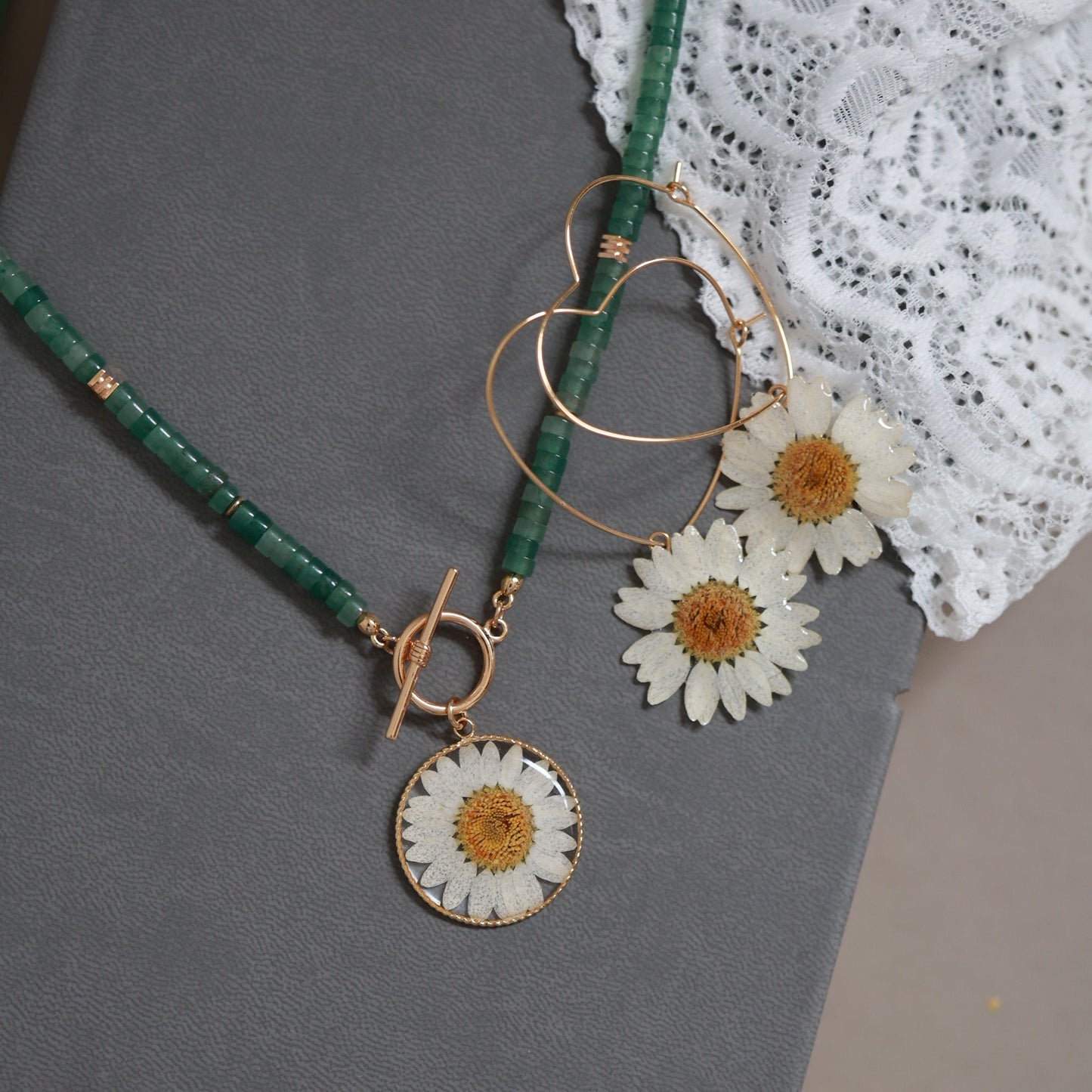 Big Heart Earrings with Real Daisy Flower - Handmade Romantic Botanical Earrings