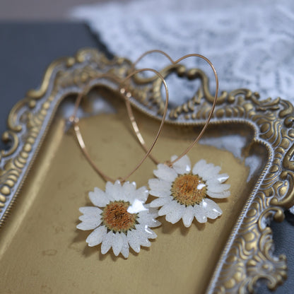 Big Heart Earrings with Real Daisy Flower - Handmade Romantic Botanical Earrings
