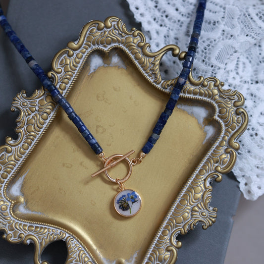 Forget Me Not necklace with Blue Sodalite Beads - Real Pressed Flower, Handcrafted Fine Botanical Jewelry
