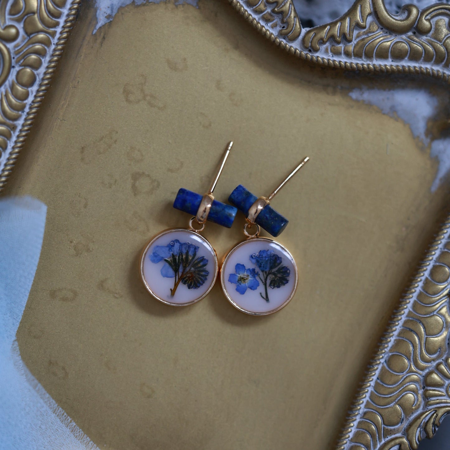 Blue Sodalite Earrings with Real forget me not flower - Handcrafted Botanical Jewelry