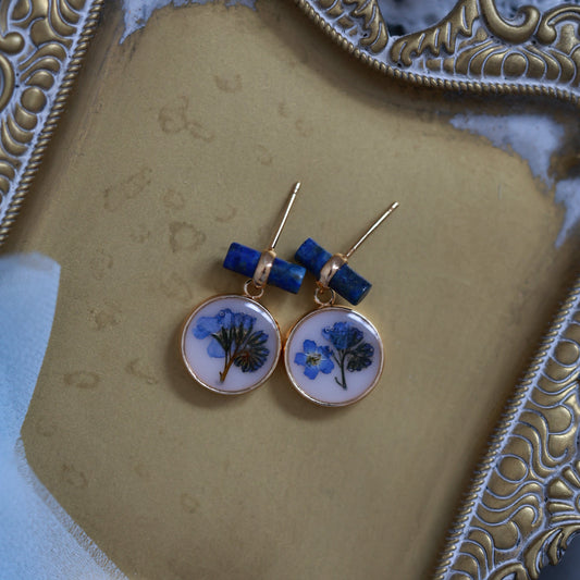 Blue Sodalite Earrings with Real forget me not flower - Handcrafted Botanical Jewelry