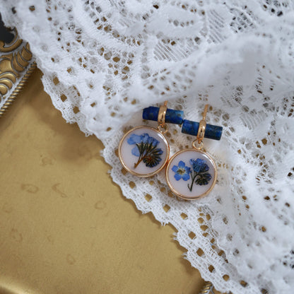 Blue Sodalite Earrings with Real forget me not flower - Handcrafted Botanical Jewelry