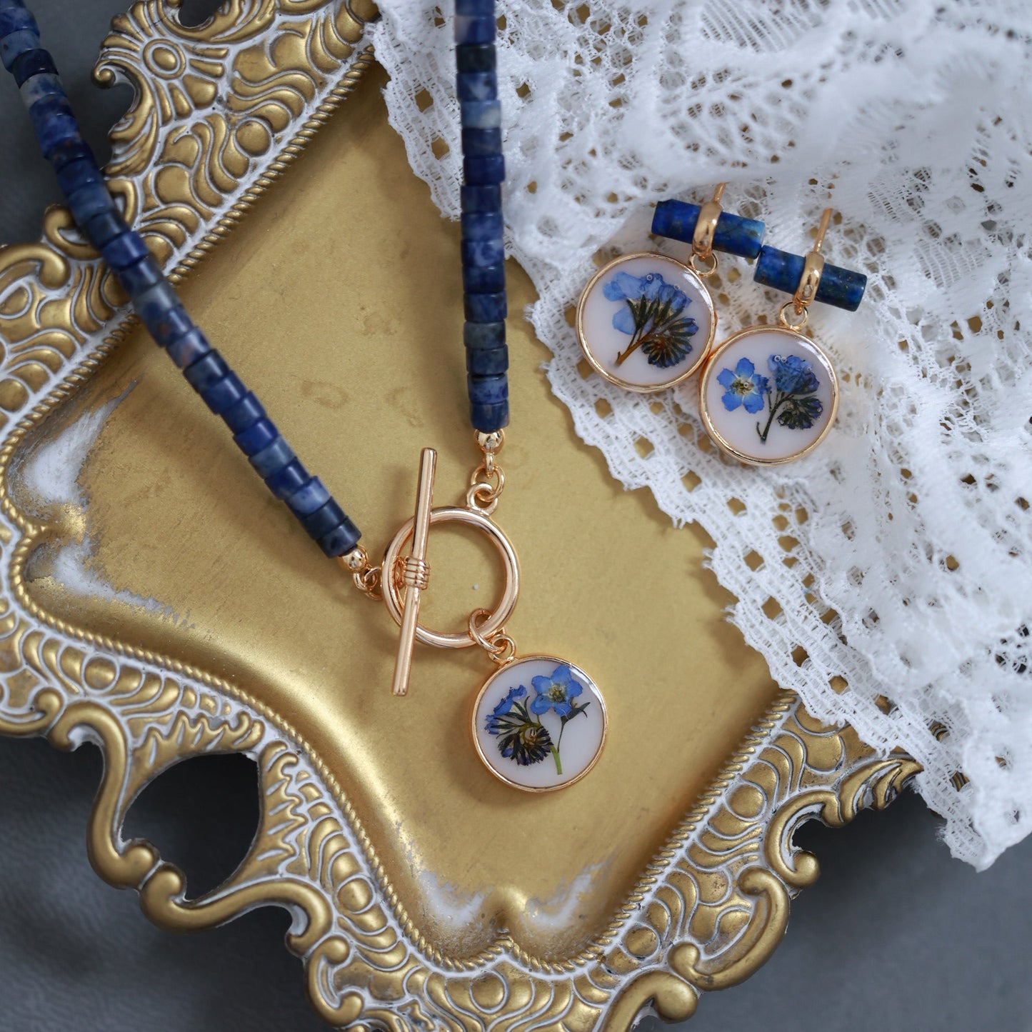 Forget Me Not necklace with Blue Sodalite Beads - Real Pressed Flower, Handcrafted Fine Botanical Jewelry