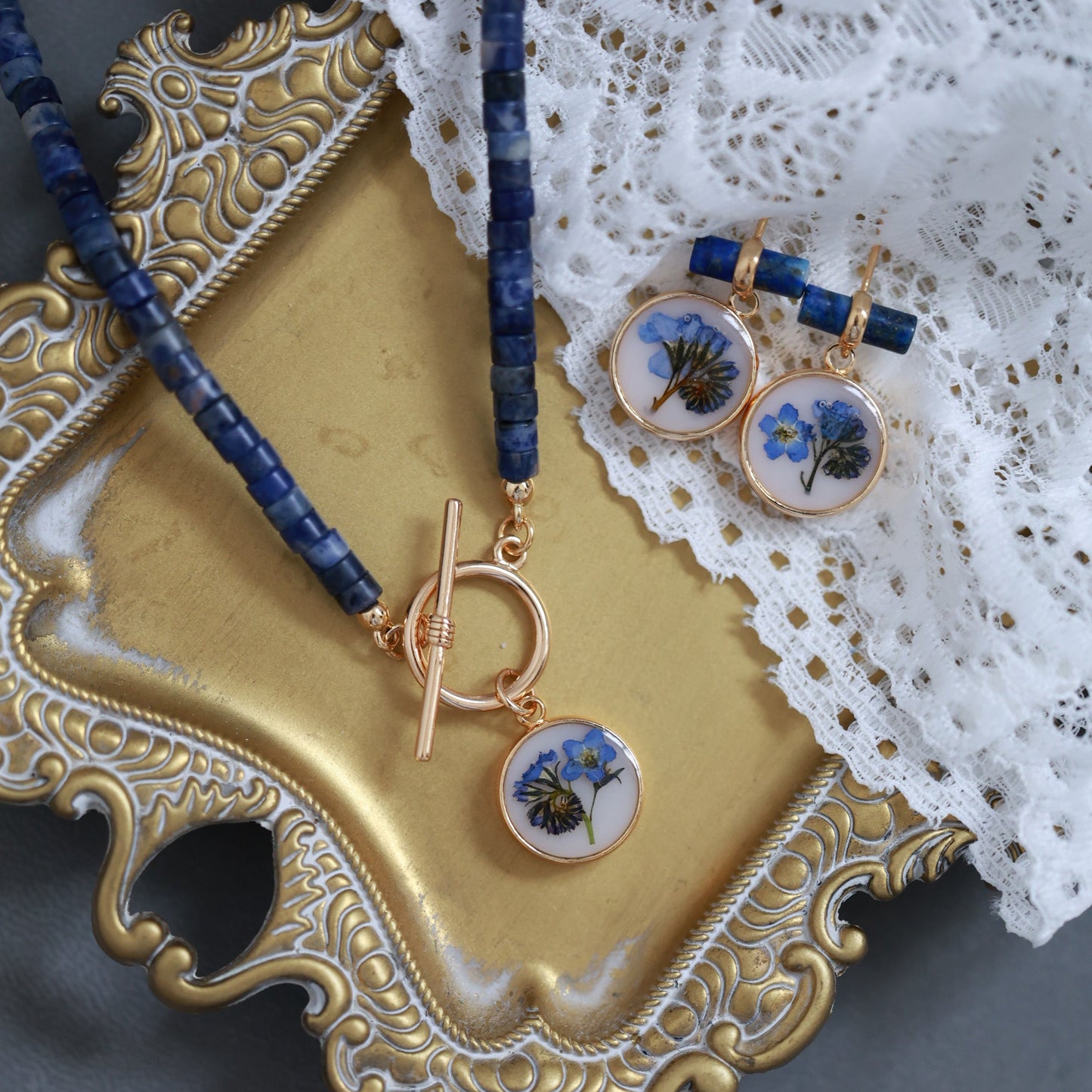 Blue Sodalite Earrings with Real forget me not flower - Handcrafted Botanical Jewelry