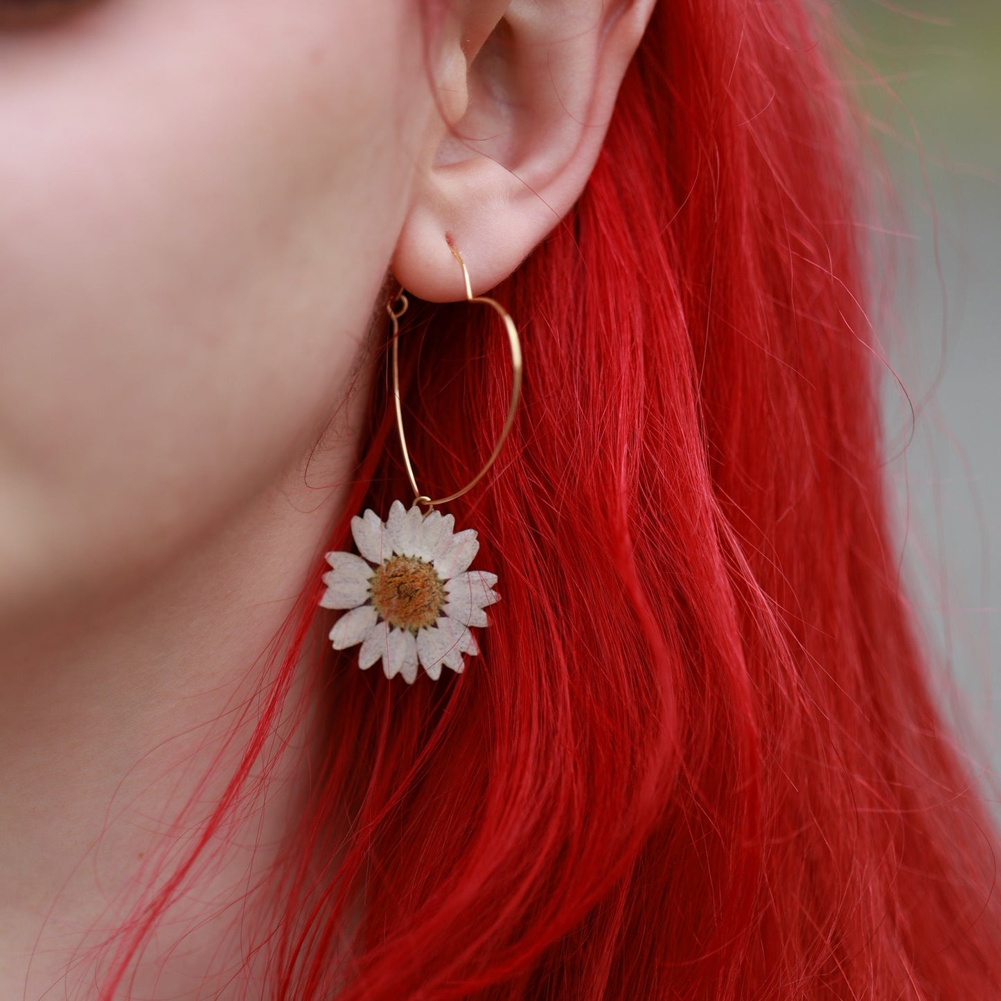 Big Heart Earrings with Real Daisy Flower - Handmade Romantic Botanical Earrings