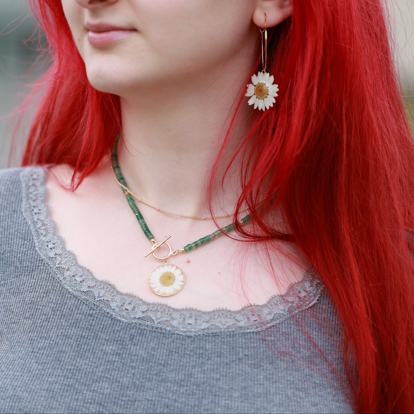 Big Heart Earrings with Real Daisy Flower - Handmade Romantic Botanical Earrings