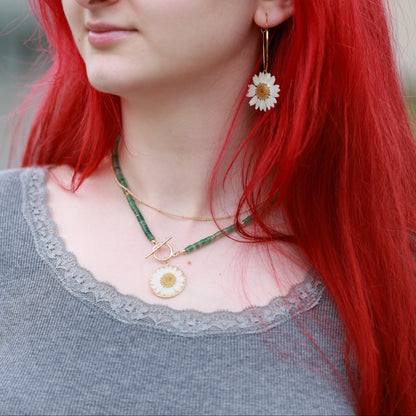 Big Heart Earrings with Real Daisy Flower - Handmade Romantic Botanical Earrings
