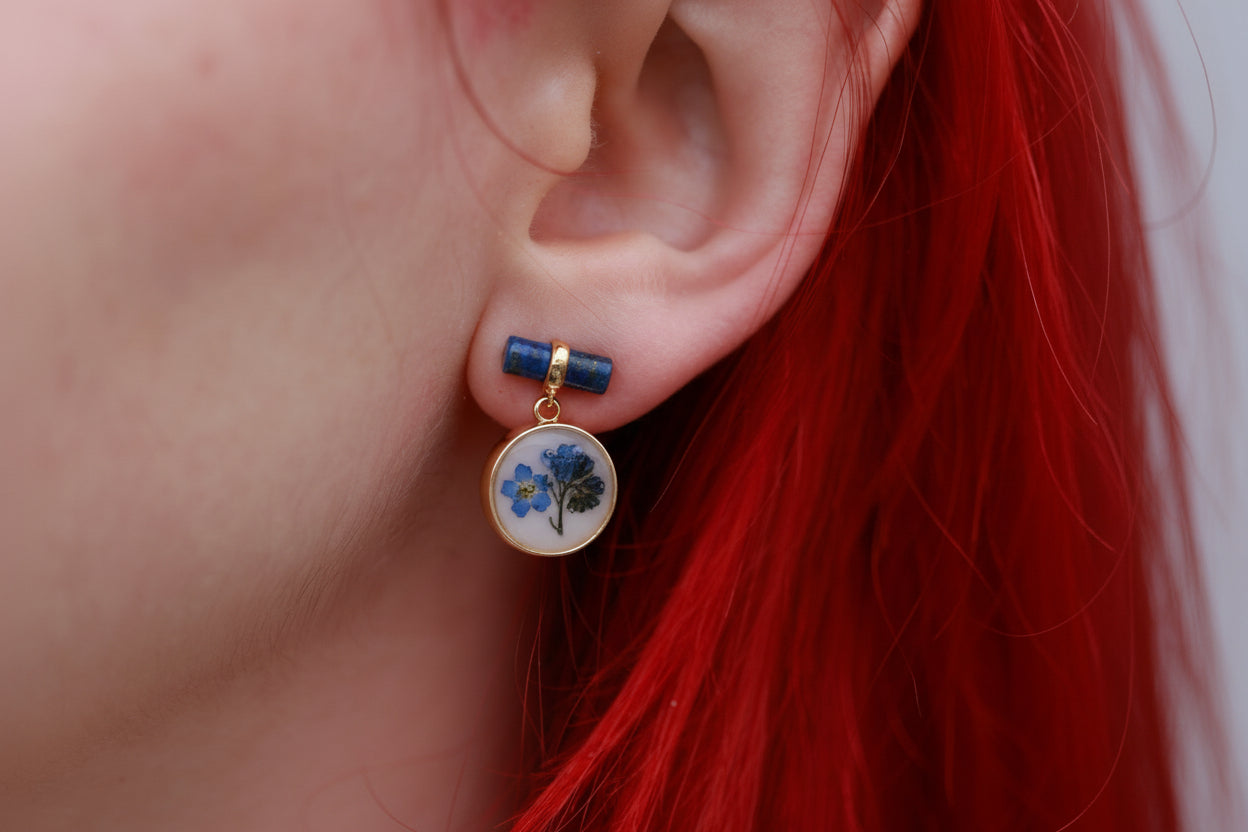 Blue Sodalite Earrings with Real forget me not flower - Handcrafted Botanical Jewelry